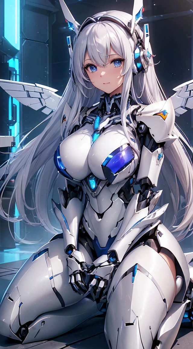 (Sit on one knee on the machine:1.6)、(Full body description:1.3)、((Shining lenses on both breasts:1.3))、((Blue pillars of light are emanating from both chests.:1.3))、smile、((8K)), ((32k)), ((Highest quality)), ((masterpiece)), ((超A high resolution)), ((Tmasterpiece)), ((Halation:1.4))、((Mechaニカルheadgear:1.2))、((Cyber Headphones:1.3))、Fine skin, High quality fabric, Fine metal texture、((Beautiful and dense face))、RAW Photos、Professional, Ultra-fine painting, ((alone)), Beautiful breasts、Highest quality, Very detailed, Very detailed詳細, Finer details, so beautiful, ((Princess Knight Robot:1.2)),  (Joints of machines, Mechanical Limbs:1.3), (The internal structure of the machine is exposed:1.3), (Long silver hair:1.1), (Beautiful and huge mechanical breasts)、White Veil, cowboy_shot, Side Focus, headgear, Shiny、(Five Fingers, Four fingers and thumb),Concept Art, Anime fantasy artwork, Detailed fantasy art, (with pale blue-violet hair and large white wings,,,,,,,), (((Long silver hair))), (Mecha:1.6)、Sleek and intimidating design, ((Commander-in-Chief&#39;arm)), (Perfect robot body)、純白と青紫armまたは, Symmetrical wings, 8K high quality, detailed art, 3D rendering of character art in 8K, neat legs, Defined, Defined fingers,