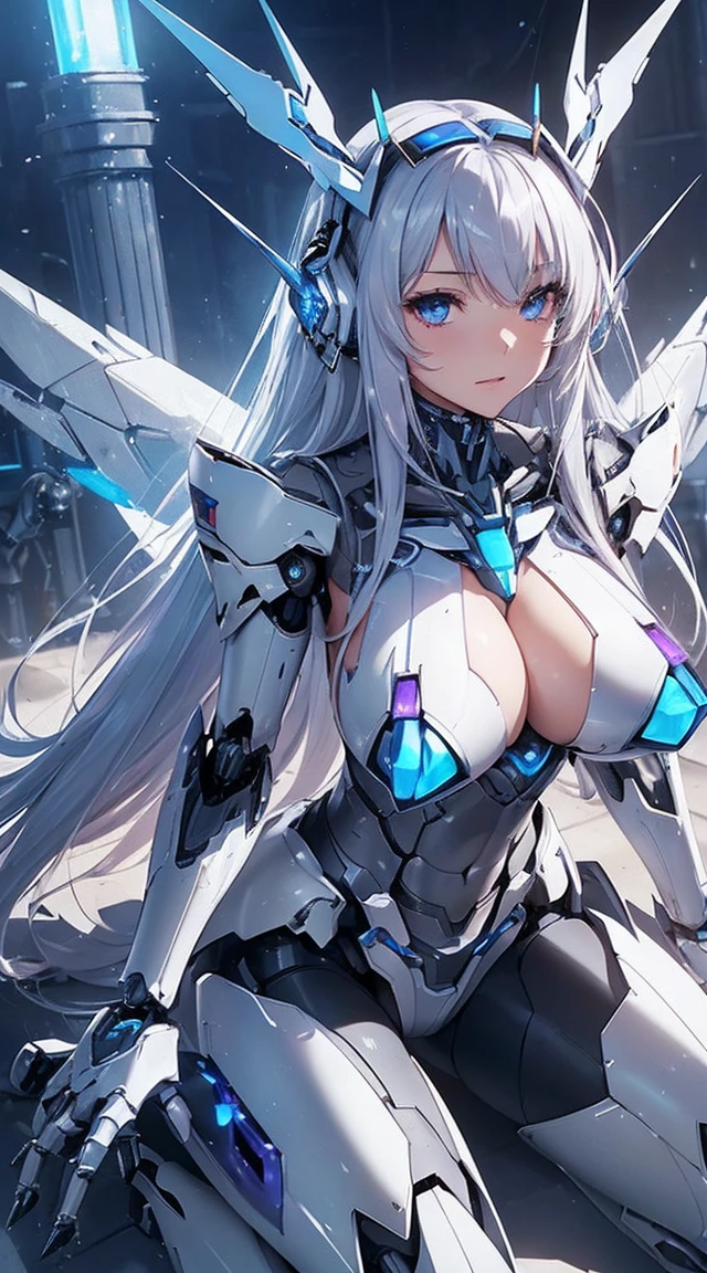 (Sit on one knee on the machine:1.6)、(Full body description:1.3)、((Shining lenses on both breasts:1.3))、((Blue pillars of light are emanating from both chests.:1.3))、smile、((8K)), ((32k)), ((Highest quality)), ((masterpiece)), ((超A high resolution)), ((Tmasterpiece)), ((Halation:1.4))、((Mechaニカルheadgear:1.2))、((Cyber Headphones:1.3))、Fine skin, High quality fabric, Fine metal texture、((Beautiful and dense face))、RAW Photos、Professional, Ultra-fine painting, ((alone)), Beautiful breasts、Highest quality, Very detailed, Very detailed詳細, Finer details, so beautiful, ((Princess Knight Robot:1.2)), (Joints of machines, Mechanical Limbs:1.3), (The internal structure of the machine is exposed:1.3), (Long silver hair:1.1), (Beautiful and huge mechanical breasts)、White Veil, cowboy_shot, Side Focus, headgear, Shiny、(Five Fingers, Four fingers and thumb),Concept Art, Anime fantasy artwork, Detailed fantasy art, (with pale blue-violet hair and large white wings,,,,,,,), (((Long silver hair))), (Mecha:1.6)、Sleek and intimidating design, ((Commander-in-Chief'arm)), (Perfect robot body)、純白と青紫armまたは, Symmetrical wings, 8K high quality, detailed art, 3D rendering of character art in 8K, neat legs, Defined, Defined fingers,