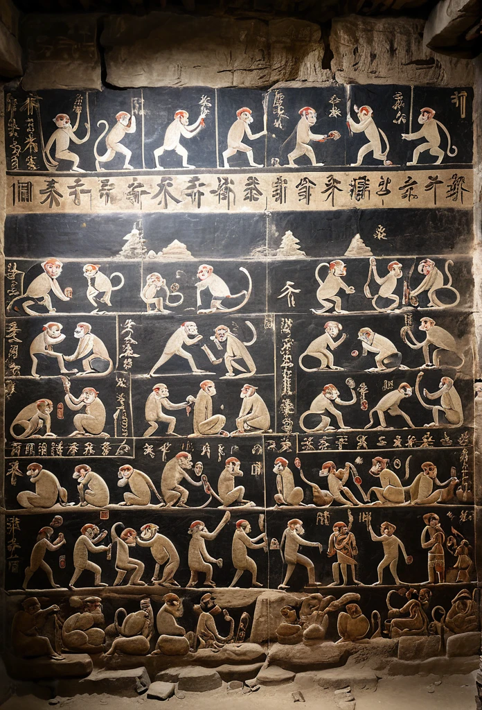 In the dark ruins、The murals depict monkeys and ancient people. Hieroglyphics are written on them.、It feels older、
More realistic、1900s