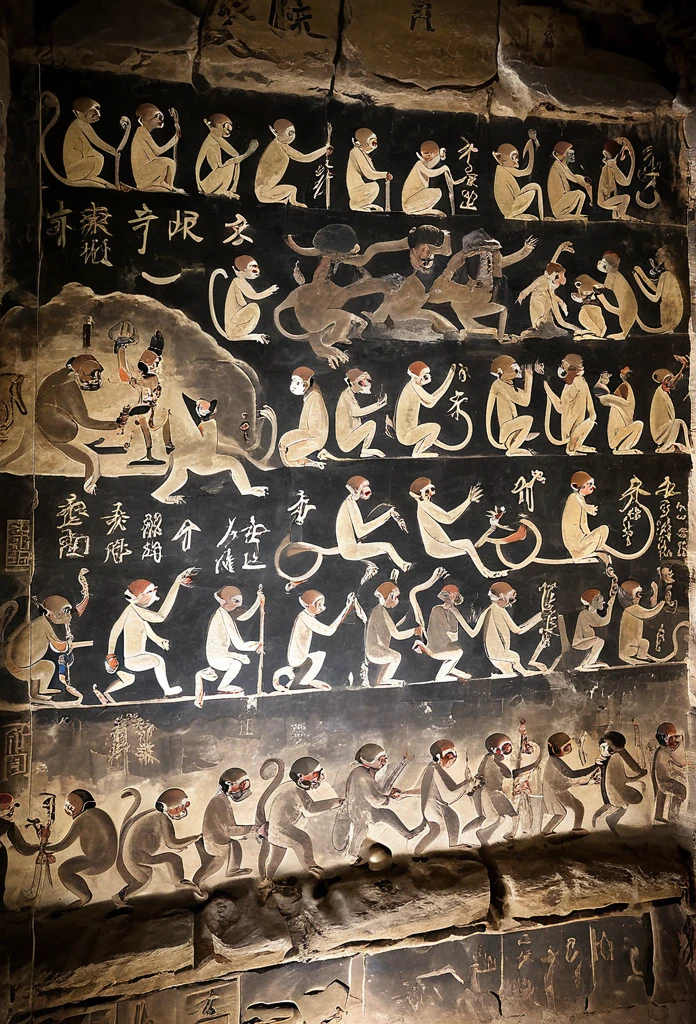 In the dark ruins、The murals depict monkeys and ancient people. Hieroglyphics are written on them.、It feels older、
More realistic、1900s