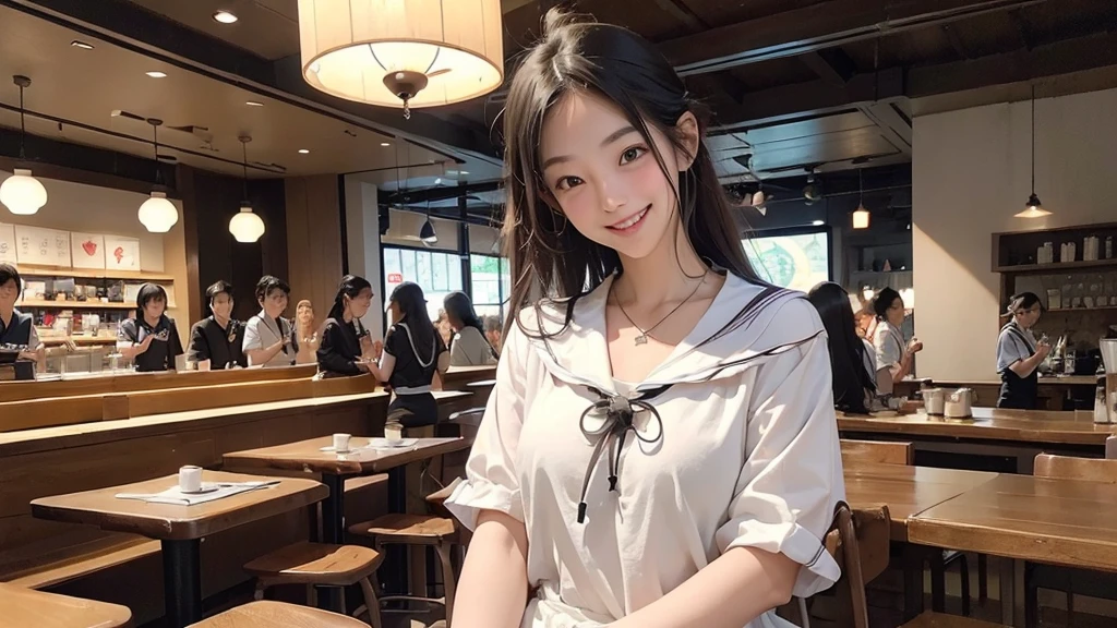 
(((((((Emphasize cleavage)))))))
((((((((A junior high school girl in a sexy white short-sleeved sailor uniform))))))))
(((((((お洒落でcuteInside the Starbucks store)))))))
8K、RAW Photos、Highest quality、Super detailed、Super Resolution、Ultra HD、8K壁紙、Amazing details



(((((((Inside the Starbucks store)))))))、
((((((Sit down and eat cake、Drink Starbucks coffee、smile))))))、((Heart Necklace))




Modern and sleek design：Interior design using natural materials、Many of the designs are warm and made using wood and metal.。
Large windows：自然光をたっぷり取り入れるためのLarge windowsがあり、Providing a bright and open space。
Green Interior：Potted plants are effectively placed、It creates a relaxing atmosphere。
artwork：Works by local artists、Starbucks-related art on display。
Cozy seating：Cushioned chairs and sofas、Bar sheet etc.、A variety of seating options available。
Open kitchen area：Being able to see how drinks and food are made、We provide peace of mind and transparency。
Unique lighting：Antique lamps and chandeliers、Modern lighting fixtures are used。
Comfortable background music：Relaxing music is playing、A comfortable space is provided。
Wide々Table space：一人でもグループでも使いやすいWide々There is a table with。
Community Table：There is a large table where you can socialize with other customers.。
Seasonal decorations：The decorations are themed according to the season.。
Design with a local feel：The design incorporates the local culture and characteristics.。
Fragrance production：コーヒーの香りが店内にWideがり、A space that satisfies the five senses has been created.。
Conversation with a barista：フレンドリーなConversation with a baristaが楽しめるカウンターエリアがあります。




8K、RAW Photos、Highest quality、masterpiece:1.2、Super detailed、Super Resolution、Ultra HD、8K壁紙、Amazing details、Photorealistic:1.4、Having fun by the water、Full Body Shot、Full body photo、High-resolution RAW color photos、Professional photos、A scene full of emotion、Very detailed and beautiful、Ultra HD、8K壁紙、Amazing details、Huge file sizes、Highly detailed beautiful girls、Highly detailed face Highly detailed eyes、Extremely realistic skin、 Highly detailed fingers, Highly detailed nose, Highly detailed mouth, Perfect Anatomy, Highly detailed background, Highly detailed clothing, Teen, cute女の子, Famous Japanese Idols, cute, Realistic body, Slender, White skin, Glowing Skin, Slim body, Realistic Face, Delicate eyes, double eyelid, 



