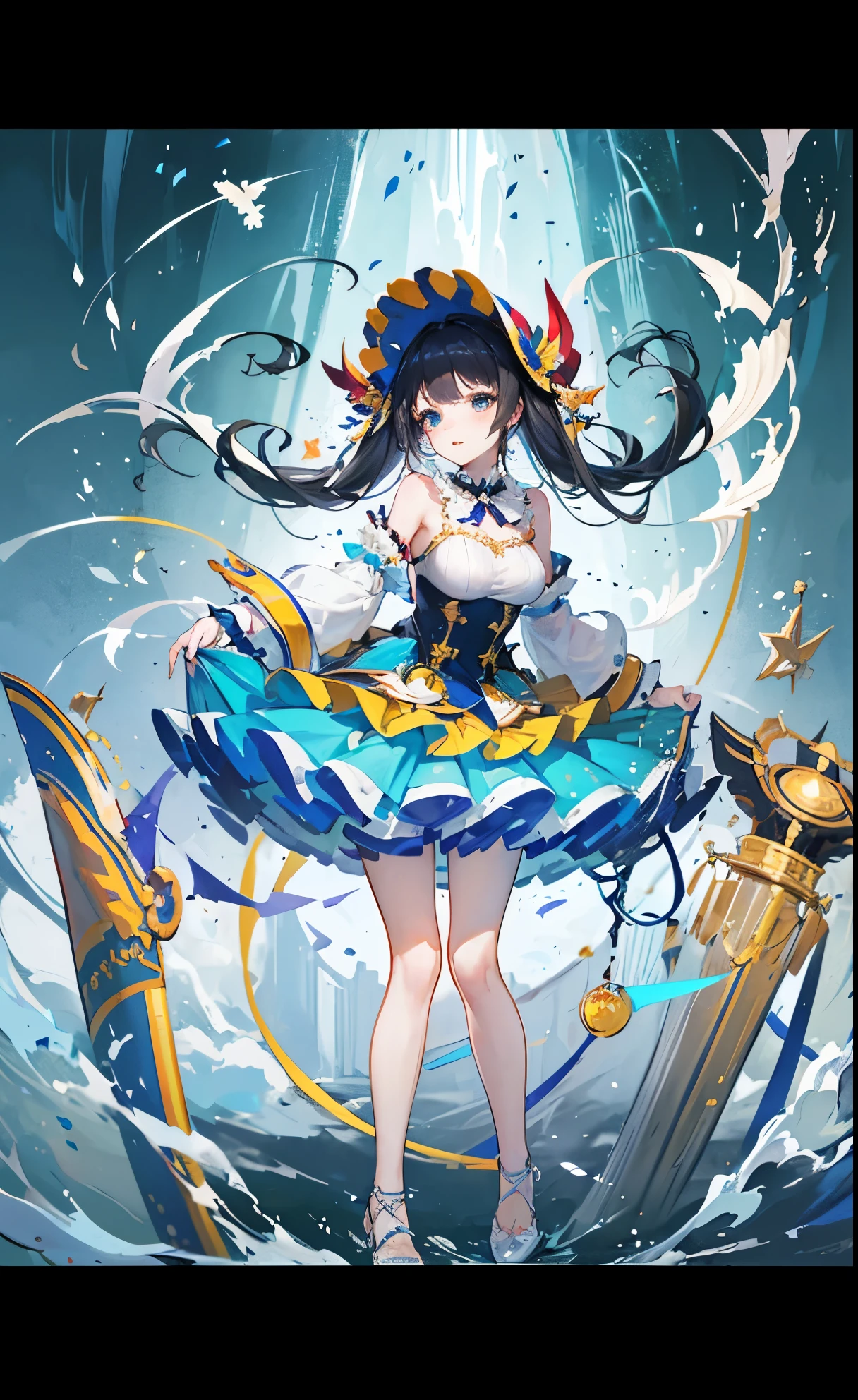Super beautiful circus clown style sweet girl,Blue and white hazy feeling,Crazy, seductive, alluring,Long legs,Big feeling,White Silk