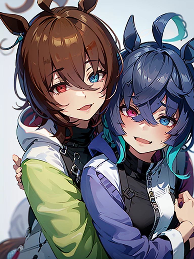 (​top-quality、hight resolution), Create an image of LoRa①'s character and LoRa②'s character embracing each other warmly. The scene should convey a sense of affection and intimacy, with both characters displaying expressions of comfort and happiness. The background can be a neutral setting to focus on the emotional connection between the two characters. Twin_Turbo_Umamusume, aqua hair, twintails, heterochromia, purple eyes, blue eyes, sharp teeth, multicolored hoodie, black leggings, agnes tachyon (umamusume)

