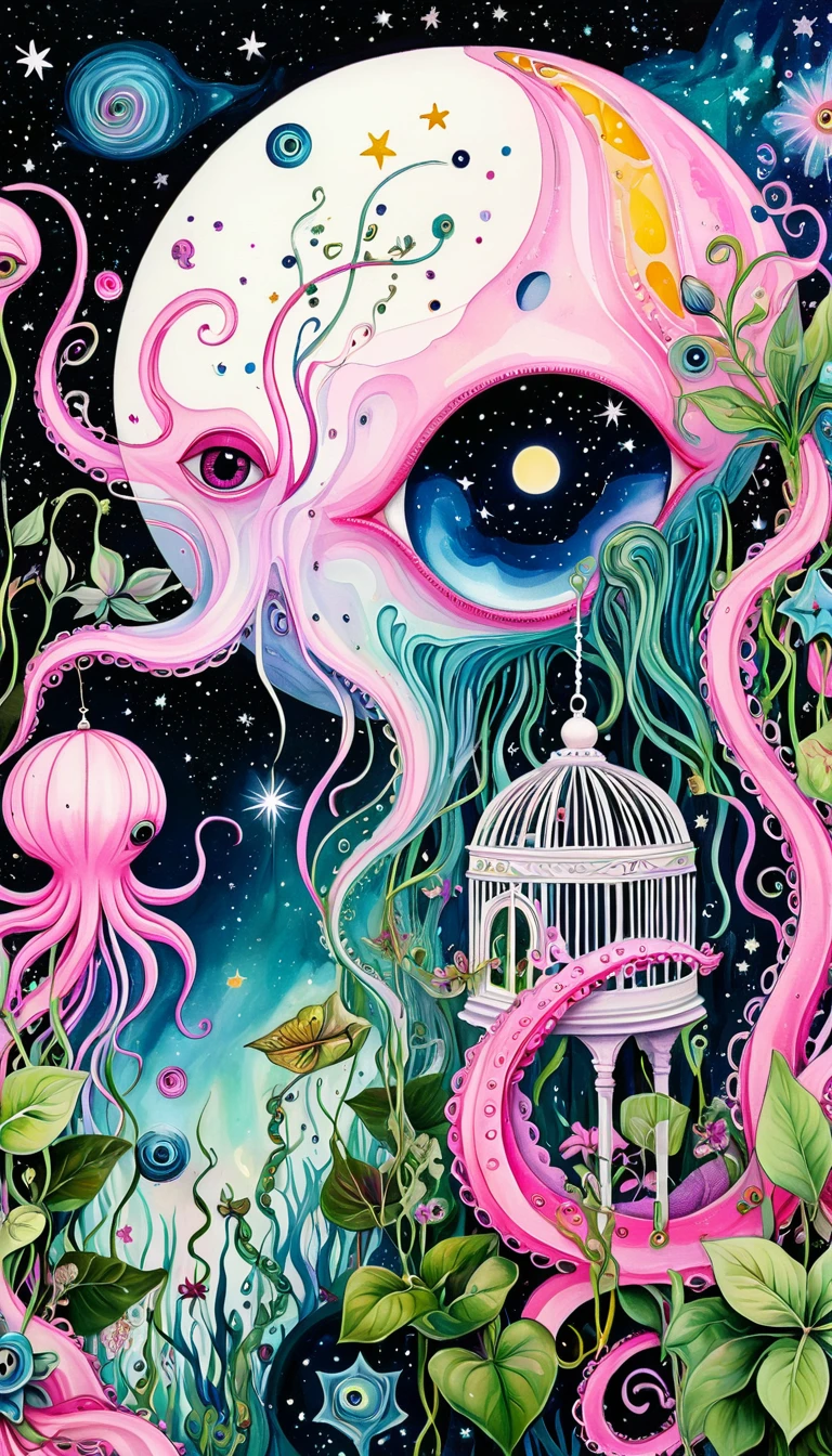 birdcage,plant,Tentacles,Eye、Starry Sky,Stitching together an abstract painting,Describing the inner world of autistic people,Sense of space,White Space,interesting,Innocence,Psychedelic Art,Pink theme
