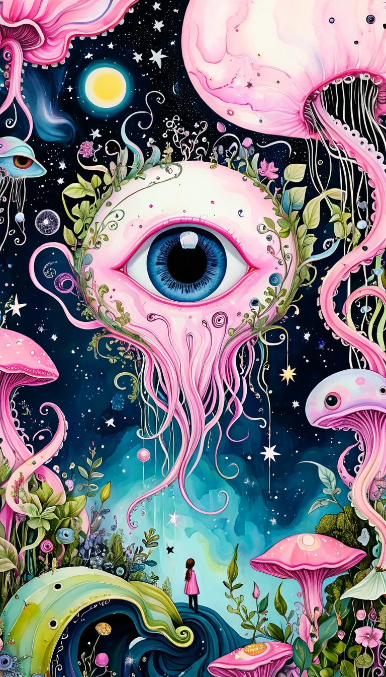 birdcage,plant,Tentacles,Eye、Starry Sky,Stitching together an abstract painting,Describing the inner world of autistic people,Sense of space,White Space,interesting,Innocence,Psychedelic Art,Pink theme