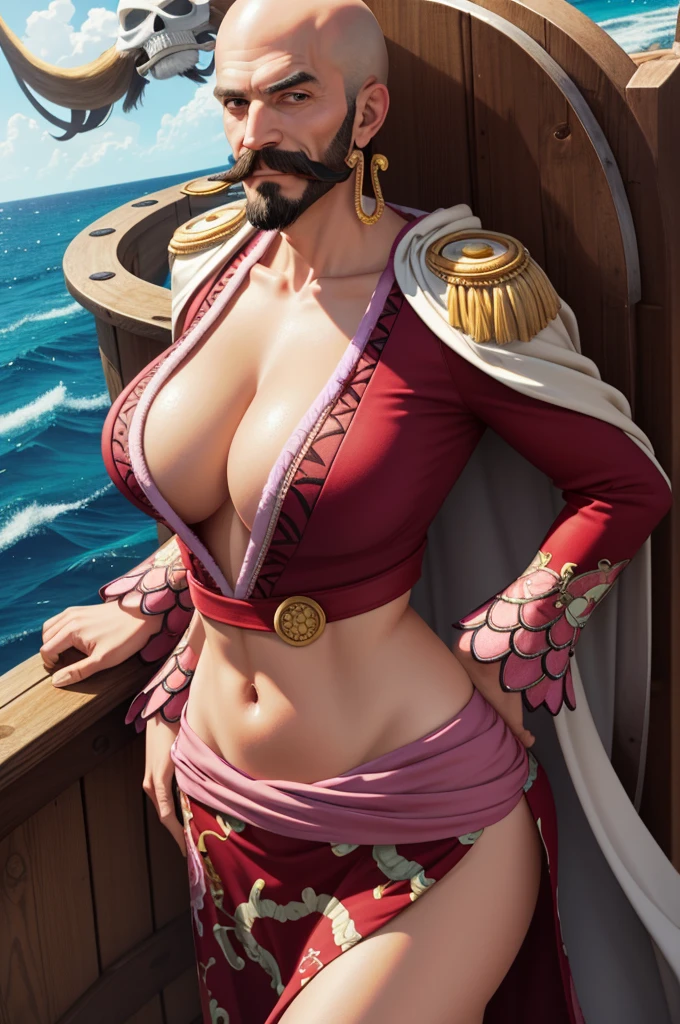 Old man, bald, Fake Mustache, big mustache, beard, big beard, gigantic breast, best quality, cowboy shot, solo, 1girl, smile, looking at viewer, hand on breast, cape, epaulettes, cleavage, jewelry, earrings, midriff, extremely detailed CG unity 8k wallpaper, perfect lighting,best_quality, ultra high res,4K,ultra-detailed, photography, huge breasts, very wide hips, slim waist, curvy, on a pirate ship at sea