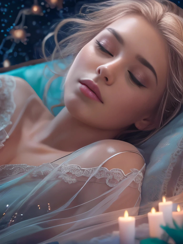 (Masterpiece.Uhd. Photorealistic) 1 ultra hot gorgeous European woman. Age 23.,sleeping,dreaming,peaceful expression,beautiful detailed eyes,beautiful detailed lips,extremely detailed face,long eyelashes,serene,soft lighting,glowing skin,floating in the air,pink and blue pastel colors,stars in the background,ethereal,surreal,whimsical,digital art,concept art,detailed lighting,highly detailed,photorealistic,8k,best quality