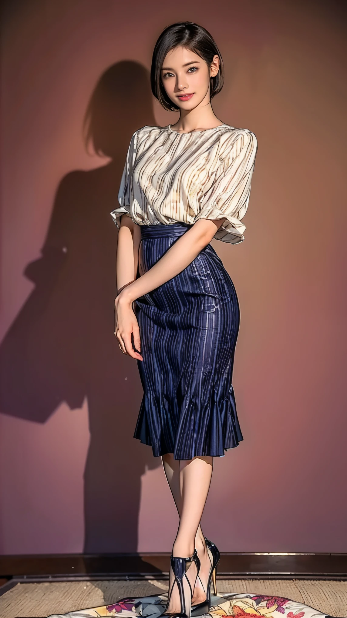 ((masterpiece)),(((Highest quality))),Thin thighs,Long legs,whole body:1.5,(One Girl:1.3),(Black high heels:1.3),(Wearing a floral striped mid-long flared skirt dress:1.2),Short blonde hair:1.2、Model pose with legs spread wide:1.5,Bright expression:1.5