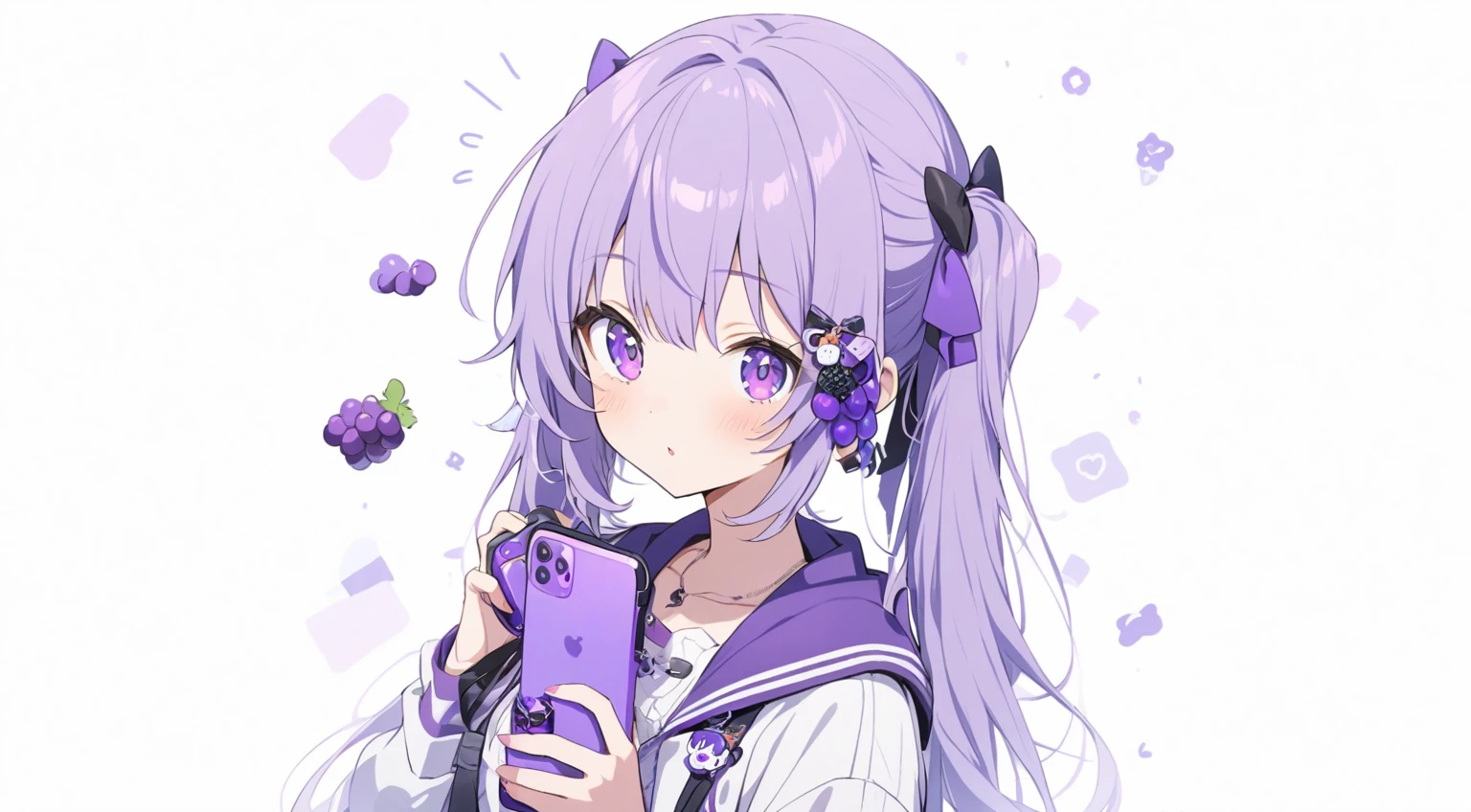 A girl with purple ponytails holding a purple phone with grape keychain 