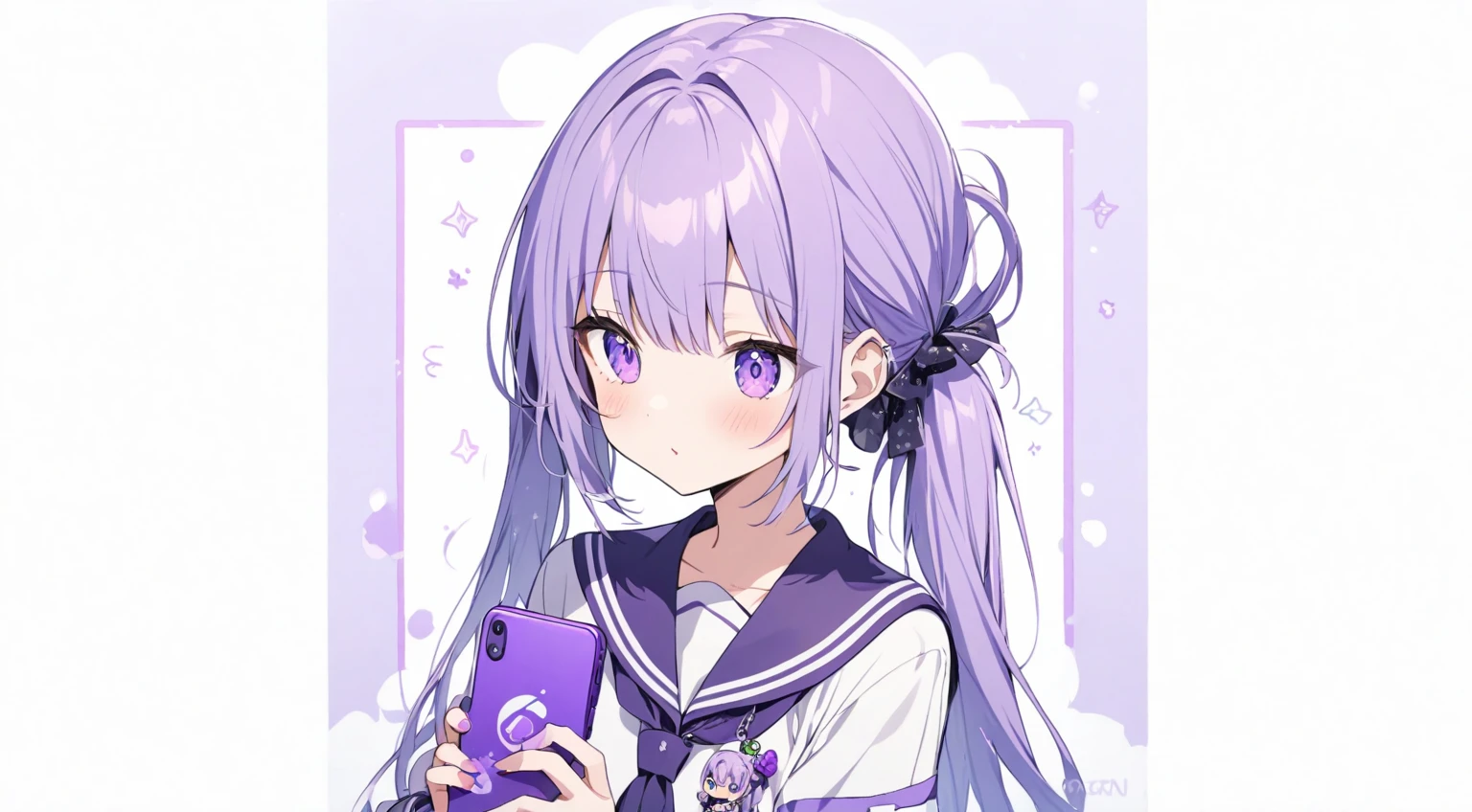 A girl with purple ponytails holding a purple phone with grape keychain 