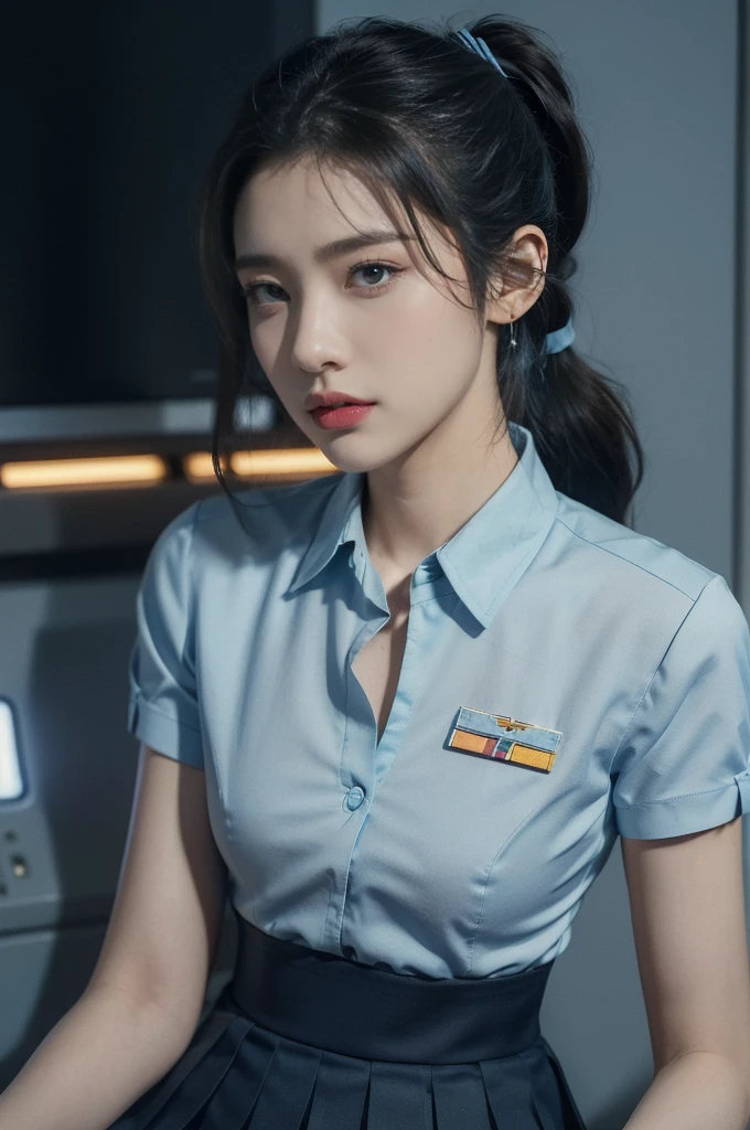 (((best quality))),(((ultra detailed))),(((masterpiece))),illustration,((1girl, female, Air Force commander,solo)),(short ponytail:1.2),((slim,thin)),((small breasts,flat chest)),poised, confidence, authority,(light blue collared short-sleeved shirt:1.3),(dark blue pleated skirt:1.2), (slender legs:1.2),piercing eyes, control panel, military airport, soldiers, duties, fighter jets, clear sky, engine roar, excitement, energy, control room, monitors, switches, mosaic colors, expertise, pilots, headset, calm voice, strong presence, attention, respect, leadership, dedication, courage, bravery, women in military, inner strength, resilience, inspiration,((from front,upper body))