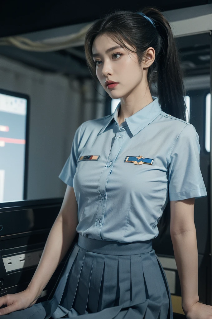 (((best quality))),(((ultra detailed))),(((masterpiece))),illustration,((1girl, female, Air Force commander,solo)),(short ponytail:1.2),((slim,thin)),((small breasts,flat chest)),poised, confidence, authority,(light blue collared short-sleeved shirt:1.3),(dark blue pleated skirt:1.2), (slender legs:1.2),piercing eyes, control panel, military airport, soldiers, duties, fighter jets, clear sky, engine roar, excitement, energy, control room, monitors, switches, mosaic colors, expertise, pilots, headset, calm voice, strong presence, attention, respect, leadership, dedication, courage, bravery, women in military, inner strength, resilience, inspiration,((from front,upper body))