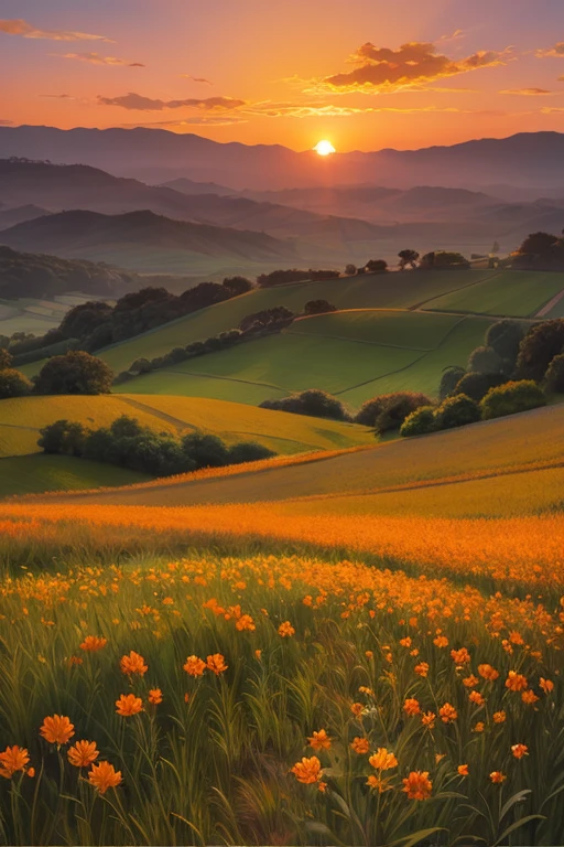 Highest quality、Landscape painting、Plains、Sunset、orange、Looking back
