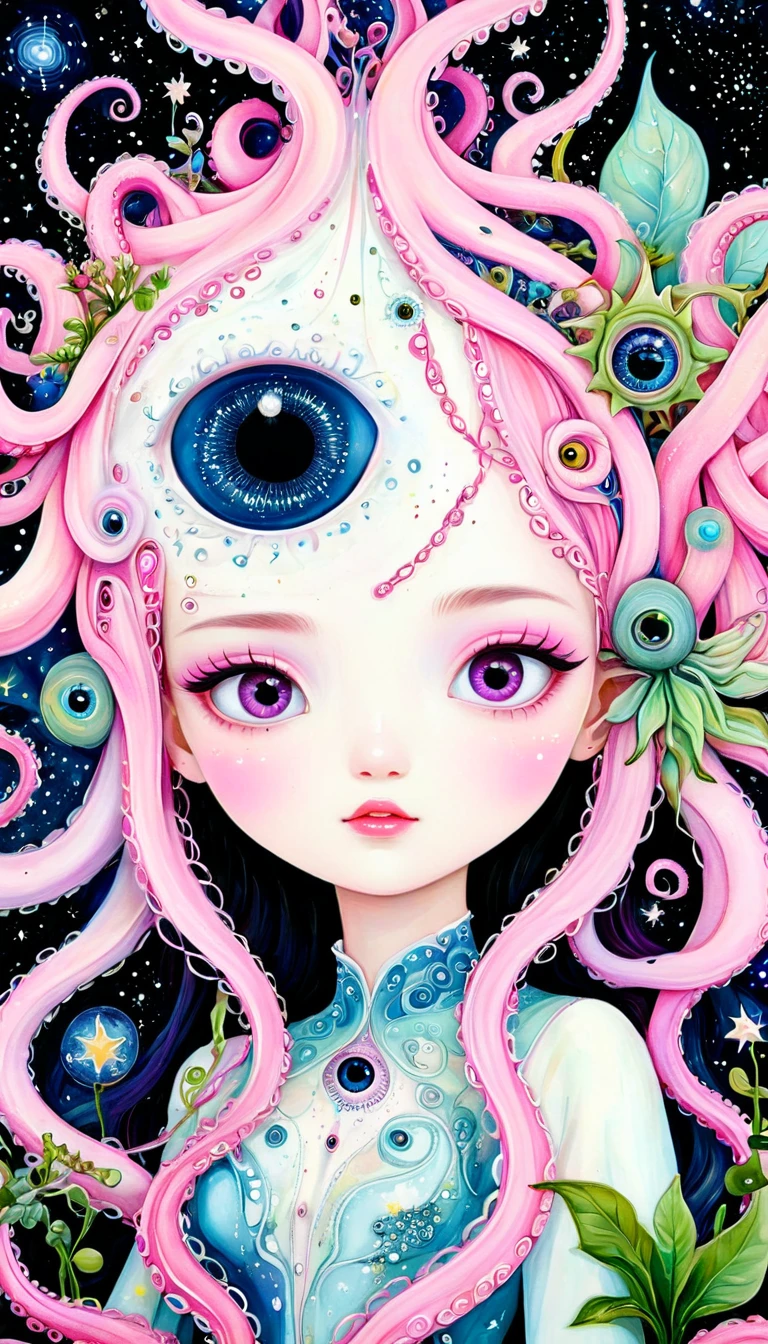 Proud princess，Tilt your head sideways，plant，Tentacles，Eye、Starry Sky，Stitching together an abstract painting，Describing the inner world of autistic people，Sense of space，White Space，interesting，Innocence，Psychedelic Art，Pink theme