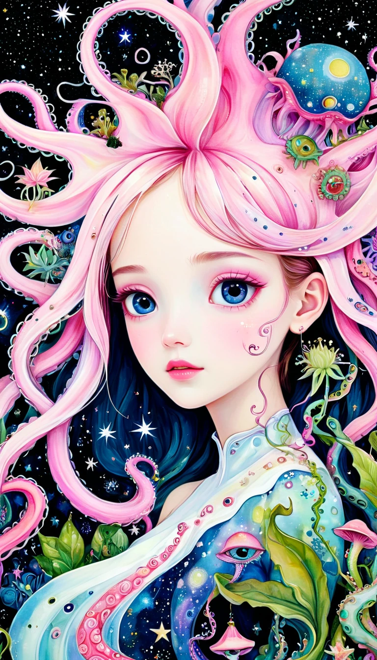 Proud princess,Tilt your head sideways,plant,Tentacles,Eye、Starry Sky,Stitching together an abstract painting,Describing the inner world of autistic people,Sense of space,White Space,interesting,Innocence,Psychedelic Art,Pink theme