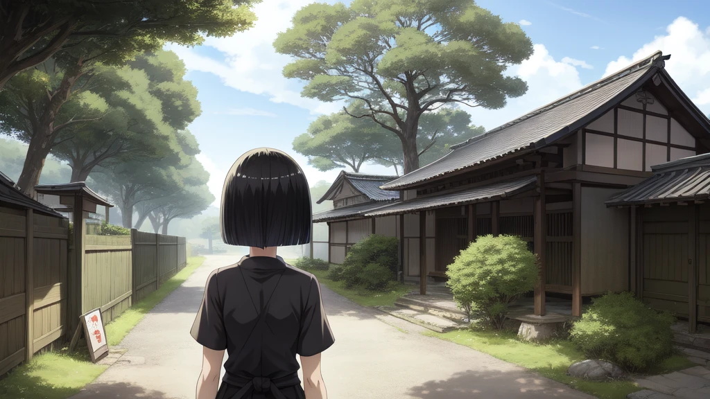 Back view, facing back, face not transferred (Yurukan anime) style girl. Japanese countryside, black hair bob cut,