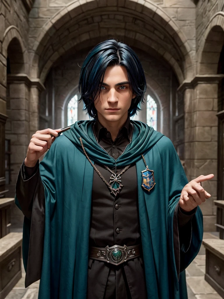 (best quality), 1boy, male, olive skin, black hair, blue tips, blue streaked hair, medium hair, asymmetric hairstyle, swoopy hair, blue eyes, perfect eyes, smug, hogwarts cloak, harry potter universe, slytherin, slender, masterpiece, anatomically correct, highres
