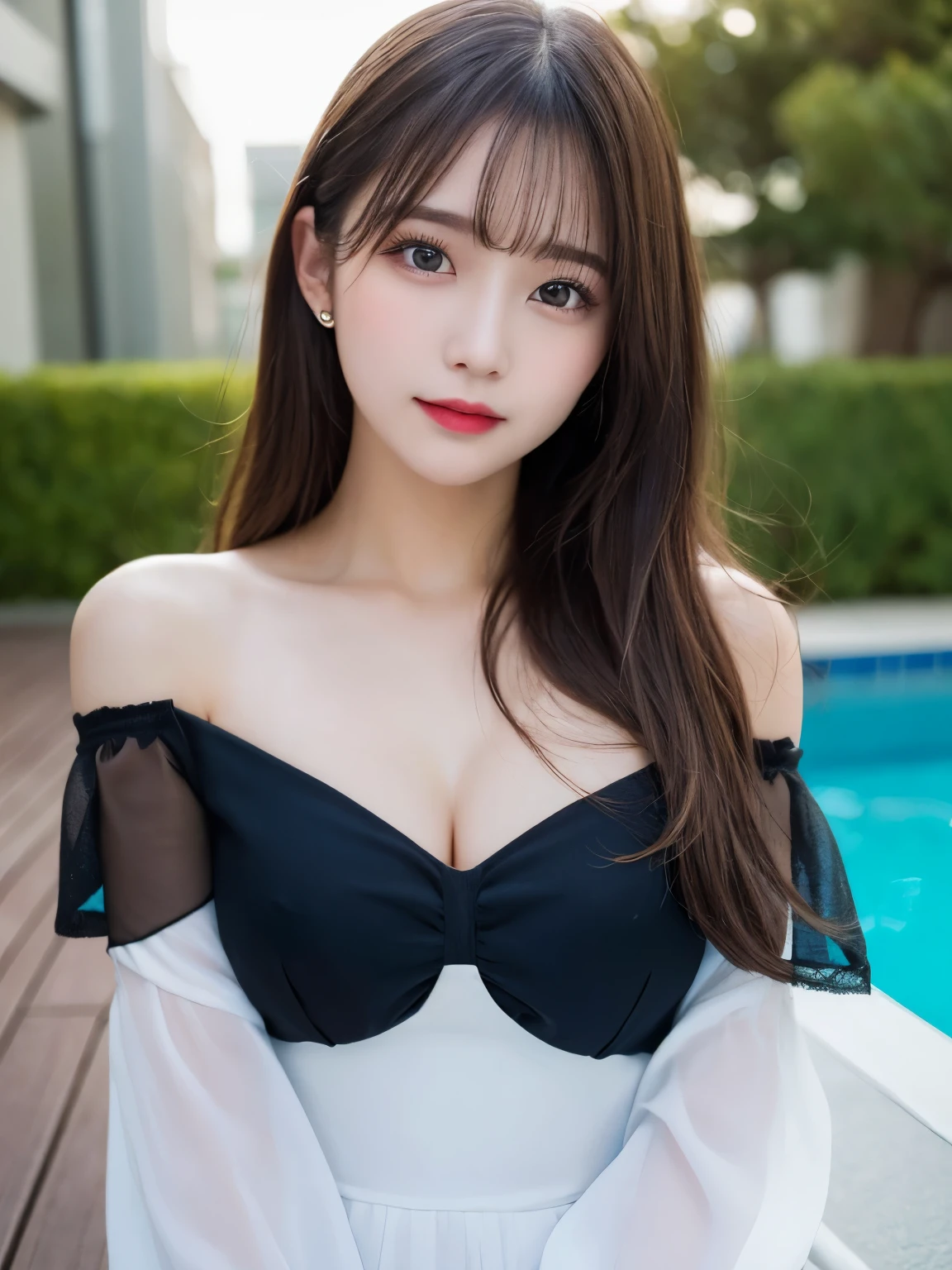 table top, highest quality, shape, Super detailed, finely, High resolution, 8k wallpaper, Perfect dynamic shape, beautiful and detailed eyes, D cup, natural color lip, random sexy pose,smile、20 year old girl、midnight、Beautiful and dense face、perfect and beautiful face,Big eyes、real photos(best image quality),Sheer off-shoulder dress (off white)、looking at camera、Please stand、Do gal makeup,blurred pool background