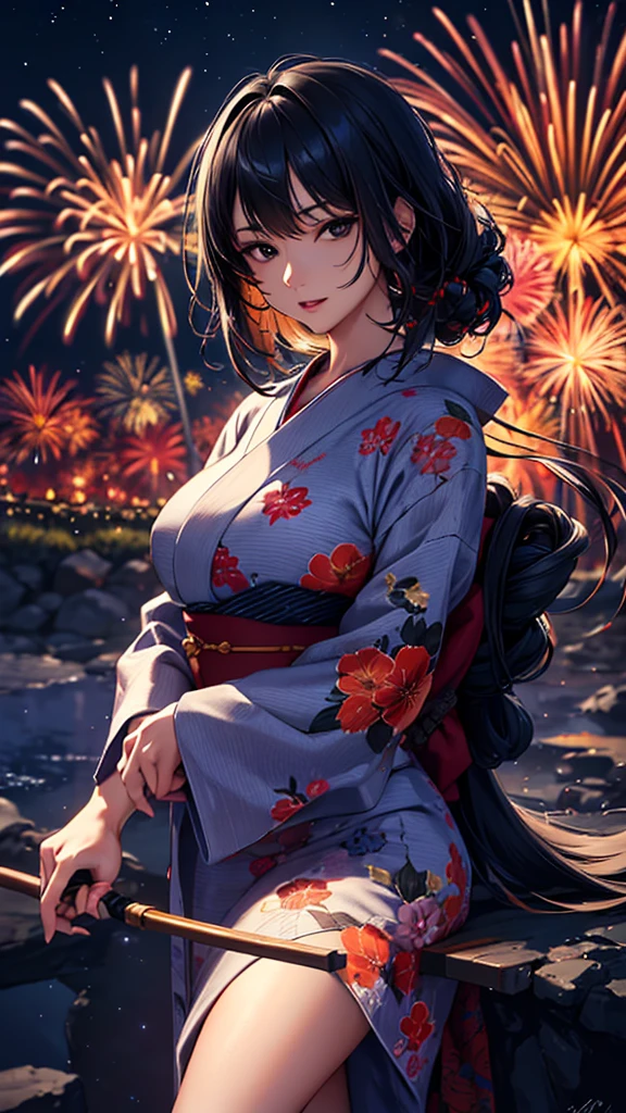 masterpiece, high quality, 4K, Beautiful design, silhouette,bionde, Highly Detailed Starry Sky at Night,Flower Field, wonderful, Finer details, Very knowledgeable woman, Highly detailed solo, 1 female,Big Breasts,Red color yukata,Night view,Starry Sky,Fireworks in the background, .Black hair, black eyes