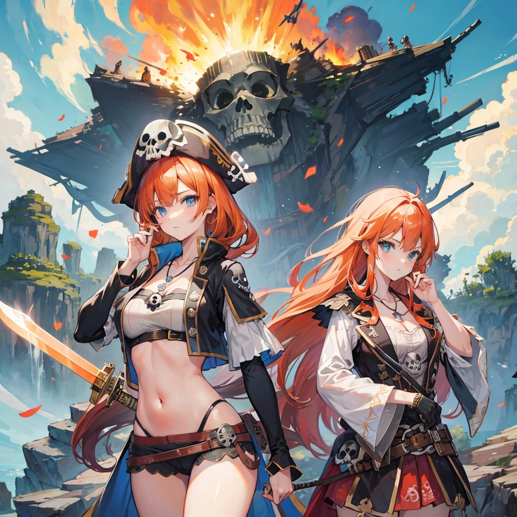 ((((pirate女帝　Skull Island　swordを持つ))))　(((Skull pattern　pirate　Large Breasts)))　((Boat　Orange Hair　blue eyes))　((necklace　sword))　(noon　Boatの上　sun　cloud)　Catch the wind　Shining Background　Light