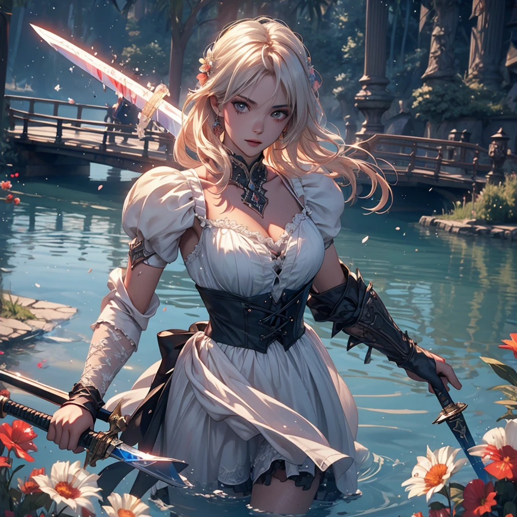 1 dark angel dancing on the lake, flowers and sword, splashed water, dimaond, smoke, lolita long dress, rage, bloody, 8k, hd, unreal engine, dreamy, romantic
