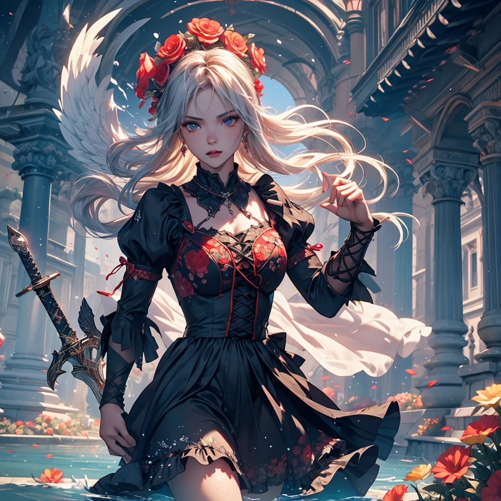 1 dark angel dancing on the lake, flowers and sword, splashed water, dimaond, smoke, lolita long dress, rage, bloody, 8k, hd, unreal engine, dreamy, romantic