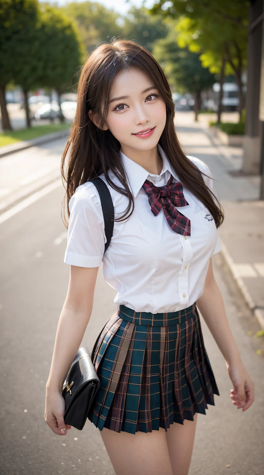 ​highest quality、8k、best image quality、Award-winning work), two beautiful women、1 lady, radiant beautiful skin , masterpiece、top-quality、The ultra -The high-definition、depth of fields、lens flare ,、brown hair, large breasts, watching at viewers glares, large breasts ,perfect legs, model pose, view from below, smiling , 
(School uniform, Pleated tartan skirt:1.3)