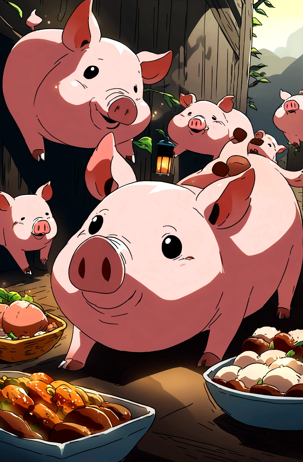 (Two pigs),Eating good food，，(Illustration style)，Miyazaki animation style