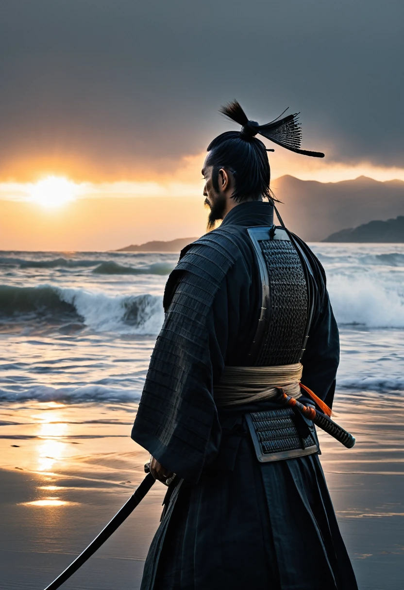 A samurai with his back to the shore, gazing out at the sea as the sun rises, his topknot catching the light, the surroundings slightly dim with wisps of dark smoke drifting around.