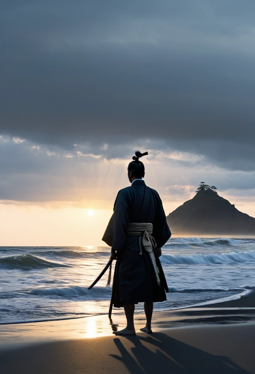 A samurai with his back to the shore, gazing out at the sea as the sun rises, his topknot catching the light, the surroundings slightly dim with wisps of dark smoke drifting around.