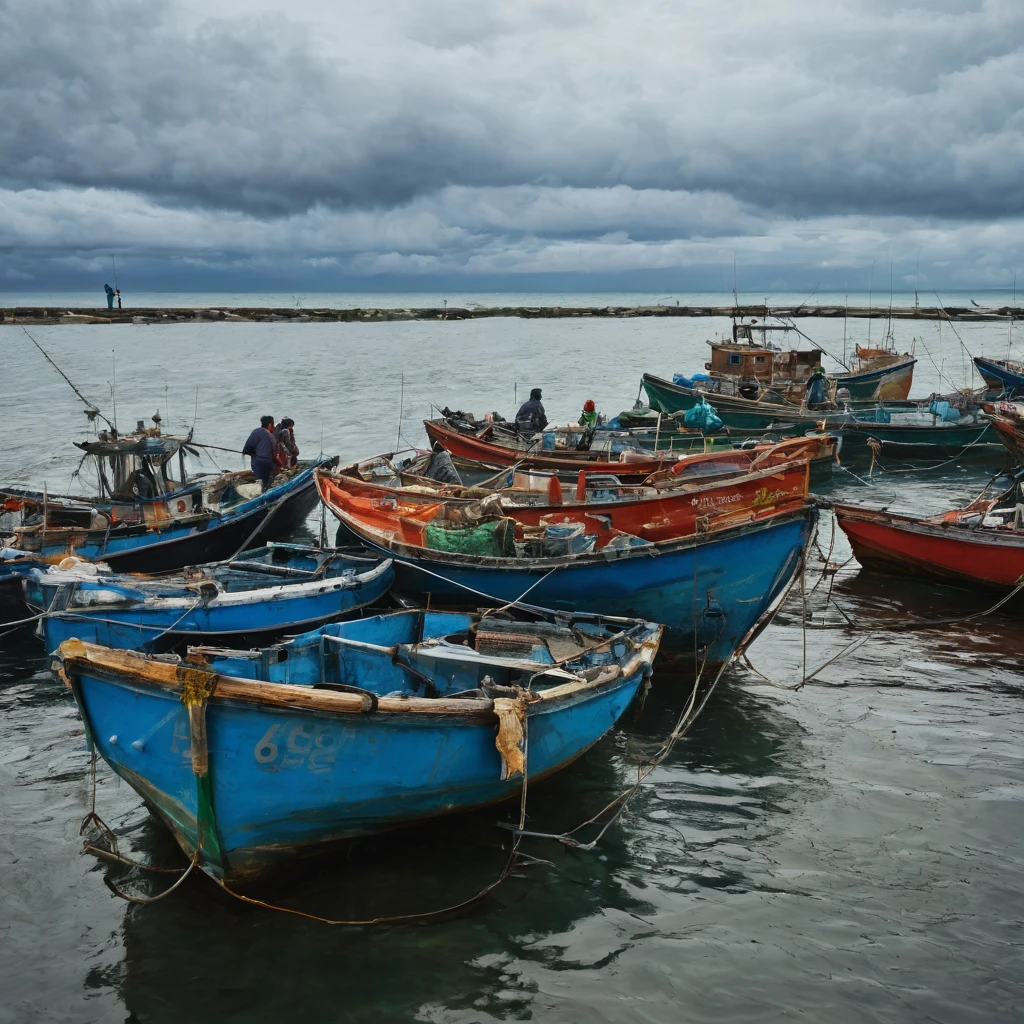 Sea,A search for fishing boats,There are 6 people on it,Close-up photography,portrait,The sky is clouded over,RAW,uhd,8K,Detailed Details,Best quality,Sense of atmosphere,