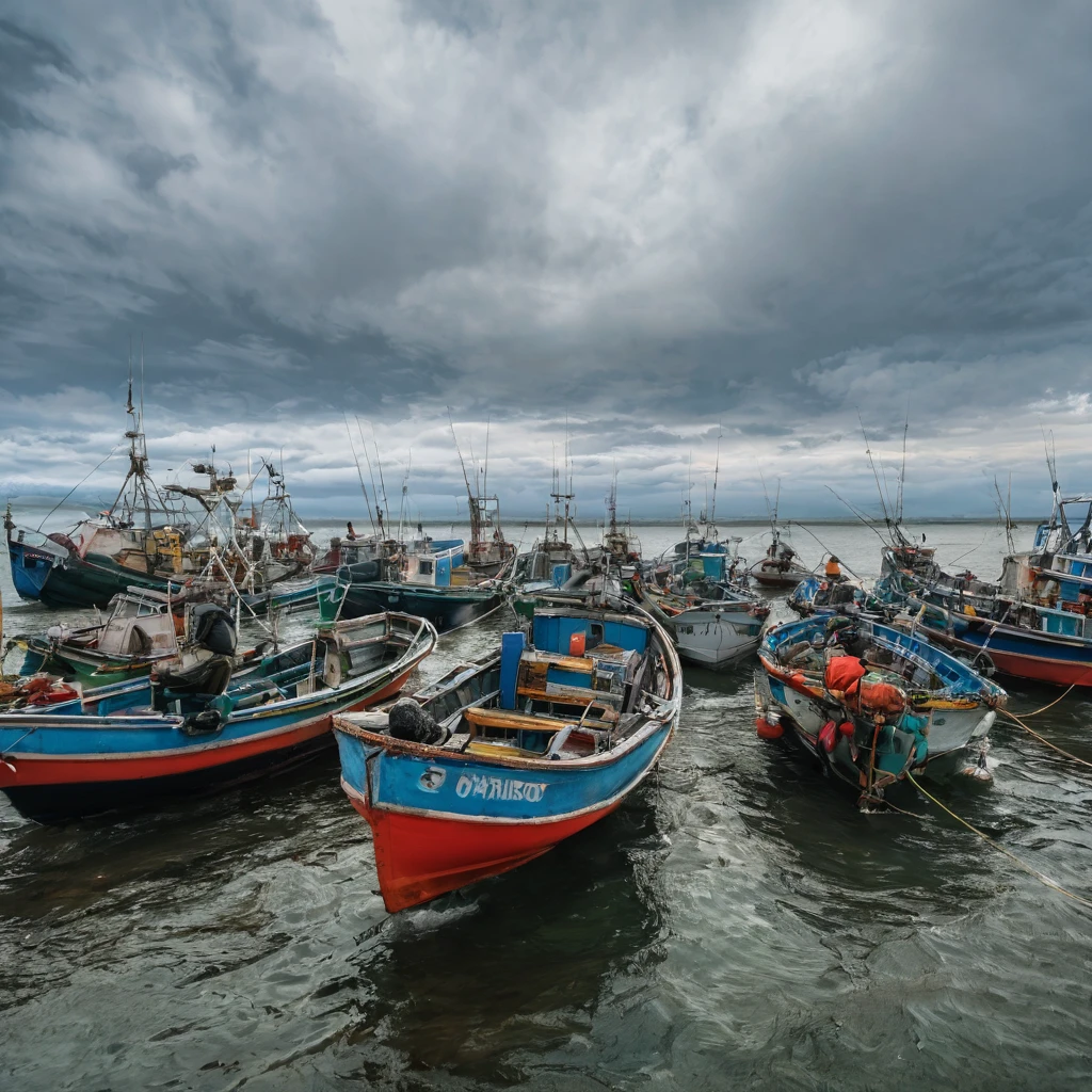 Sea,A search for fishing boats,There are 6 people on it,Close-up photography,portrait,The sky is clouded over,RAW,uhd,8K,Detailed Details,Best quality,Sense of atmosphere,