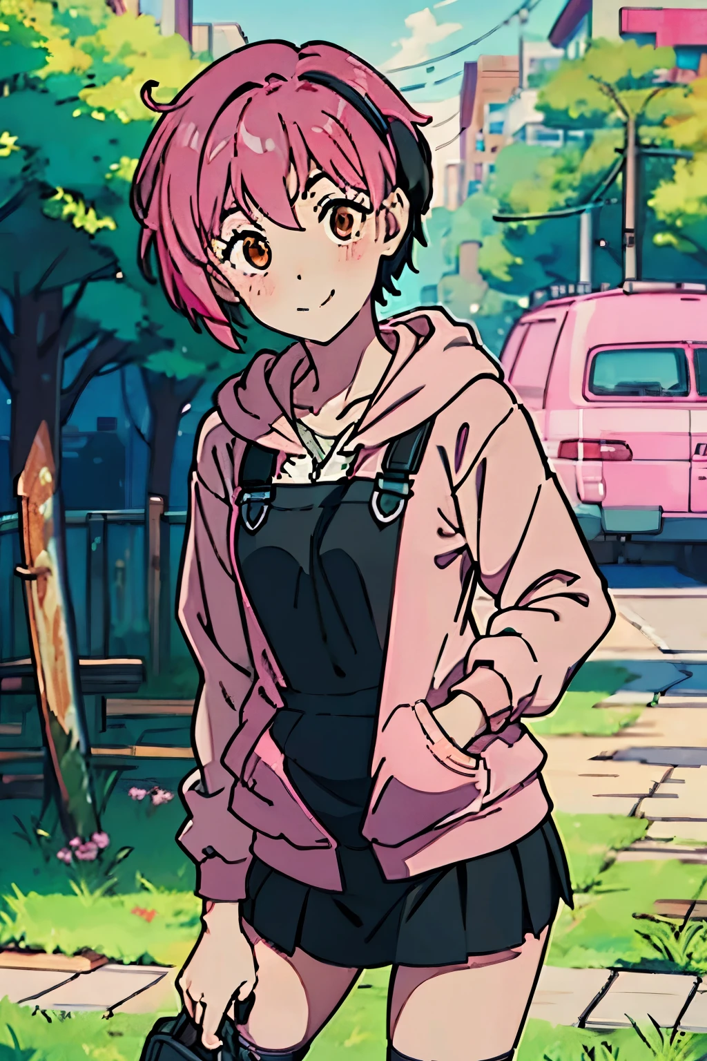 8k, original, 1girl, cute, female solo, illustration, mix, (single object), hd, absurdres, lora ((mappa studio style)), anime style, 2d, celshade style, digital art, (short hair, ((pixie cut)) hair, messy hair, pink hair), wearing ((casual (pink hoodie), ((black)) dungarees and short (skirt), with brown eyes iris)), at park, smile, stand pose