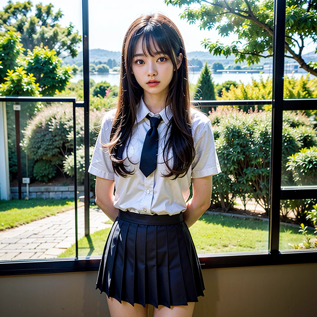 (masterpiece, Highest quality:1.2), (8K, Ultra-high resolution, Ultra-high resolution), Professional Lighting, (Extremely detailed), (All textures are ultra-realistic), Realistic photos, Crystal clear photo results, Superrealism, wood々A lakeside park with sunlight filtering through the windows, (school uniform, shirt, skirt), Japanese women, , , Skinny body, Flat Chest, Very beautiful face, Highly detailed face, Super Real Skins, Very fine eye、No background