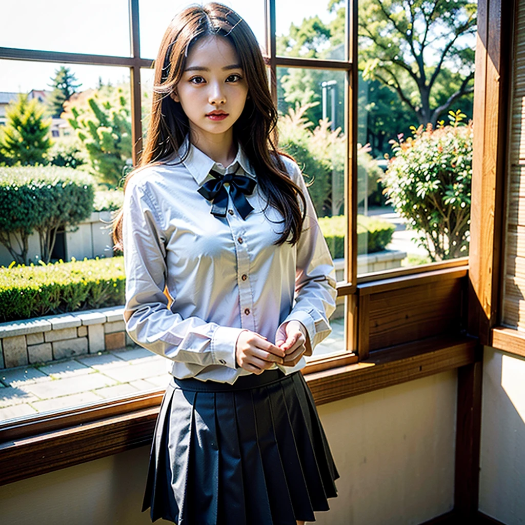 ulzzang-6500-v1.1, (raw photo:1.2), (photorealistic:1.4), beautiful detailed girl, very detailed eyes and face, beautiful detailed eyes, ridiculous, incredibly ridiculous, huge file size, super detailed, high resolution, very detailed, best quality, masterpiece, kemomimi, ((Japanese girls' high school uniform)), illustration, very detailed, CG, unified, 8k wallpaper, amazing, Fine details, masterpiece, best quality, very detailed CG uniform 8k wallpaper, light on face, cinematic lighting, 1girl, 16 years old, ((no panties)), ((dynamic pose))), (camel toe), (half), (pantyhose), (knee-bending leg sitting))