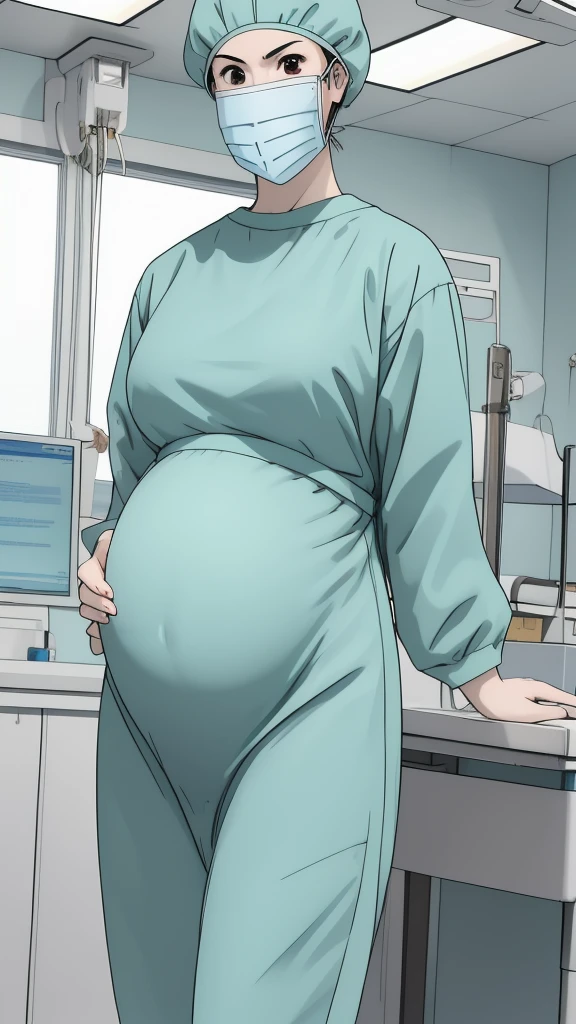 masterpiece, highest quality, source_anime, the view is turned slightly to the side, upper body, (RAW photo, best quality), 1girl, frown, pale skin, shy eyes, big breasts, big tits, pregnant, stand, natural lighting, solo, hospital, in the operating room, operating room background,
ray kasugano, pregnant with big belly, even though she's pregnant, she has a good figure, (give a score of 9_give a score of 8_give a score of 7) long sleeve Surgical dress, bouffant cap, cover the ears, surgical mask, long surgical gloves,