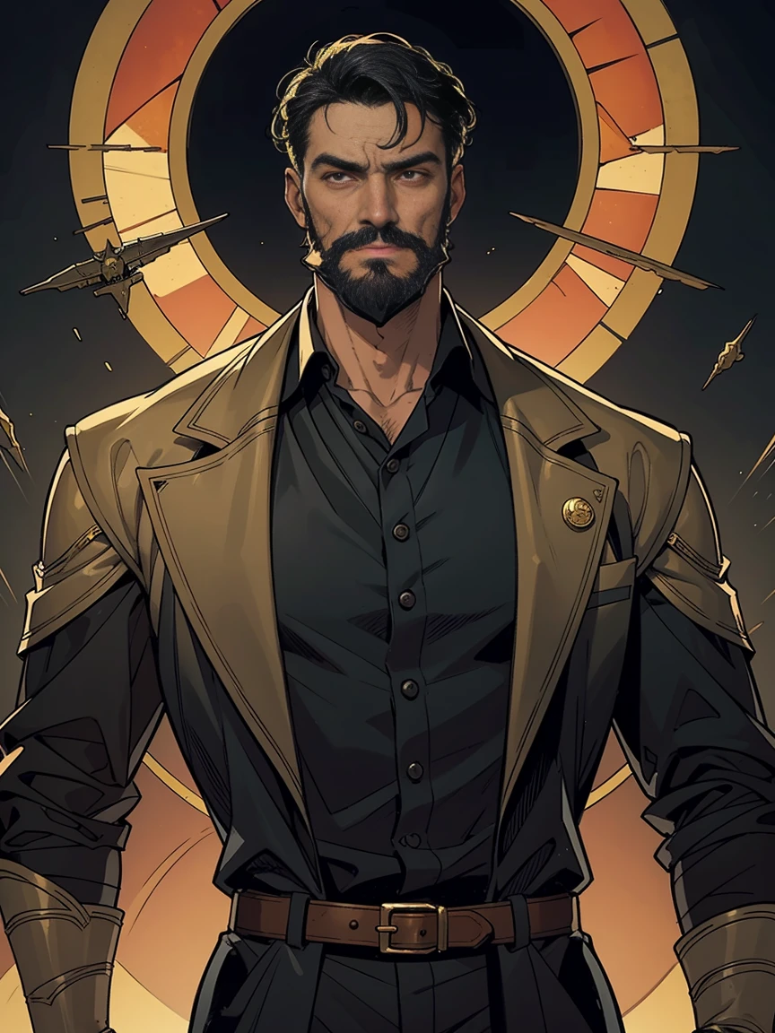 masterpiece:1.2, top quality, unorganized, stained glass background, dark lighting, action SHOT, sandy, man, 19th century nobleman, stately man in a suit, Science fiction, Old man with combed gray and black hair and beard, central portrait, in the style of Kentaro Miura, (1 man), masculine man, gloomy facial expression, comics, difficult, Yellow halo behind the head as a symbol of a hanged man.,