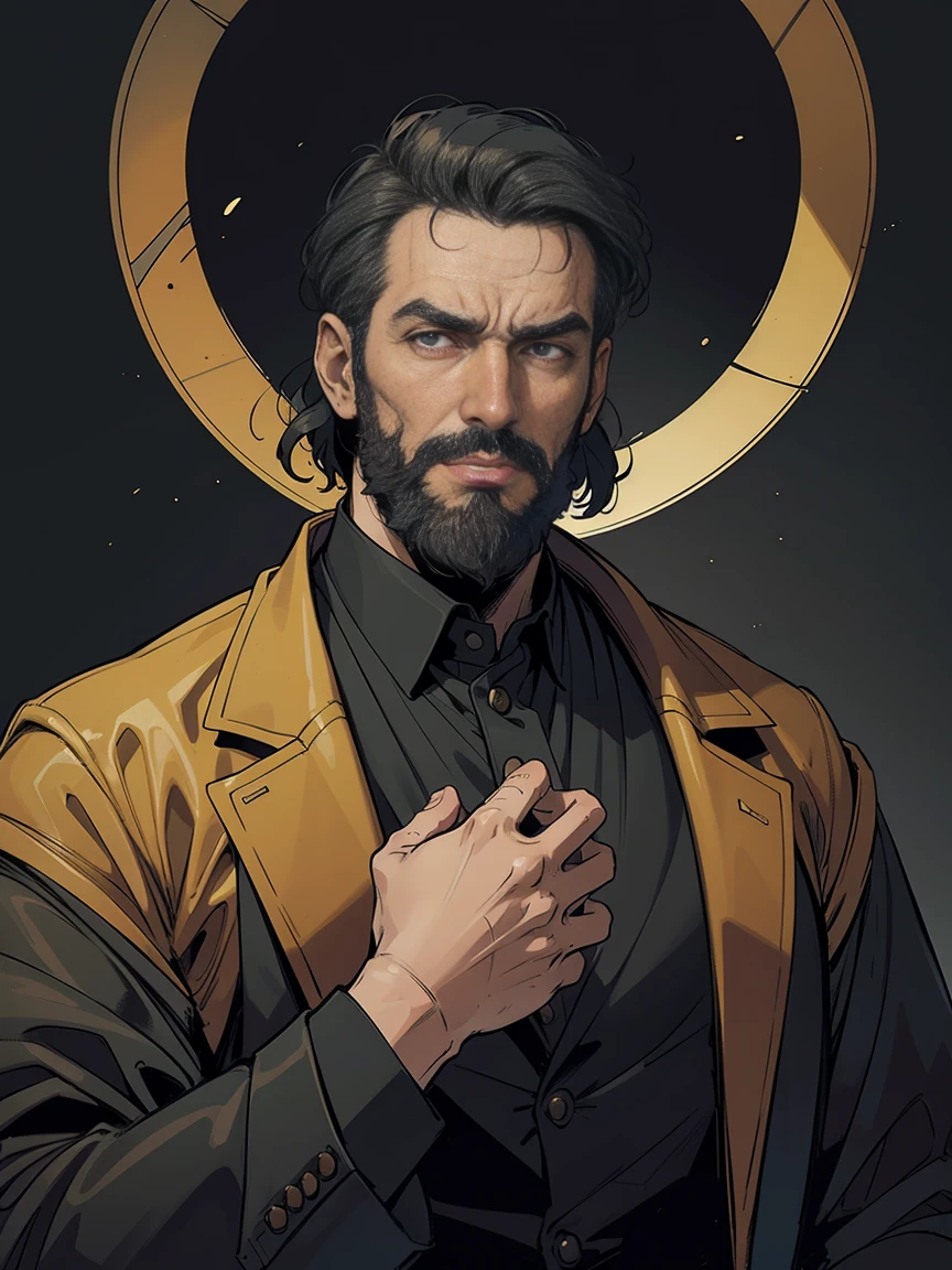 masterpiece:1.2, top quality, unorganized, stained glass background, dark lighting, action SHOT, sandy, man, 19th century nobleman, stately man in a suit, Science fiction, Old man with combed gray and black hair and beard, central portrait, in the style of Kentaro Miura, (1 man), masculine man, gloomy facial expression, comics, difficult, Yellow halo behind the head as a symbol of a hanged man.,