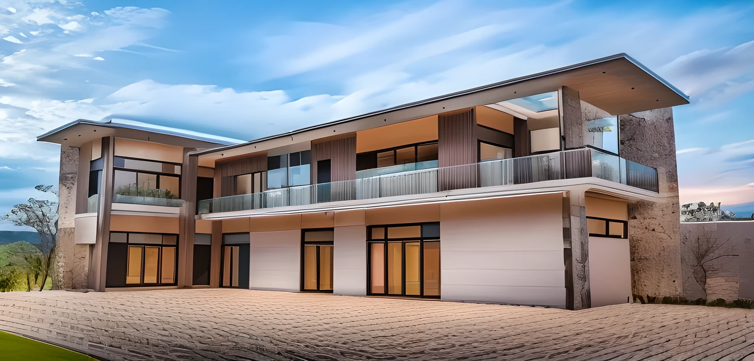 modernvilla,architecture,woodandbrick,woodandbrick,Architecture,house,exterior,a HOUSE UNDER BRILLIANT SUNLIGHT:1.4,tropical trees :1.2,beautiful tropical garden,tropical plants and trees,daylight:1.4,EXterior MODERN VILLA, RAW photo, (realistic:1.2) 8k uhd, ,High quality, best quality,super detail, dslr, glass facade, stone, green grass on ground, modern house, contemporary buiding, surrounding tree, indoor light, soft shadow,soft lighting, high quality, film grain, Fujifilm XT3,(a house on sunrise in tropical:1.4),(BEAUTIFUL SKY:1.2), (TROPICAL TREES background:1.4),(FLAT ROOF:1.4),(REFLECTIVE GLASS railing:1.4),(daylight:1.4),SOME LARGE TREES CLOSE-UP VIEW LOCATION