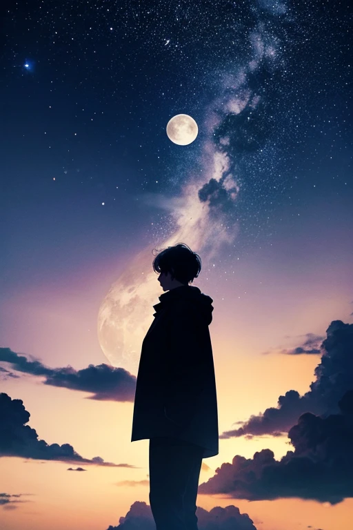 Highest quality,Big moon and shadow,A silhouette of a person can be seen against the backdrop of a large moon.,There is one full moon,There is a mood,Beautiful scenery,Starry Sky