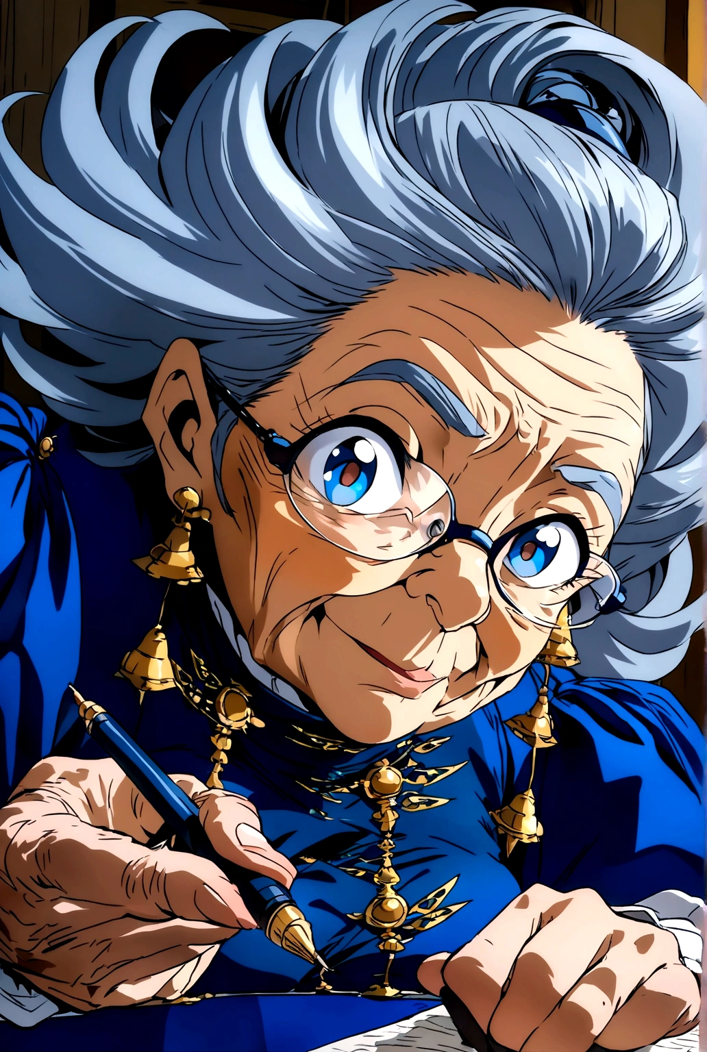 old lady,Hand holding a pen and writing,Blue Eyeshadow,(Illustration style),Miyazaki animation style