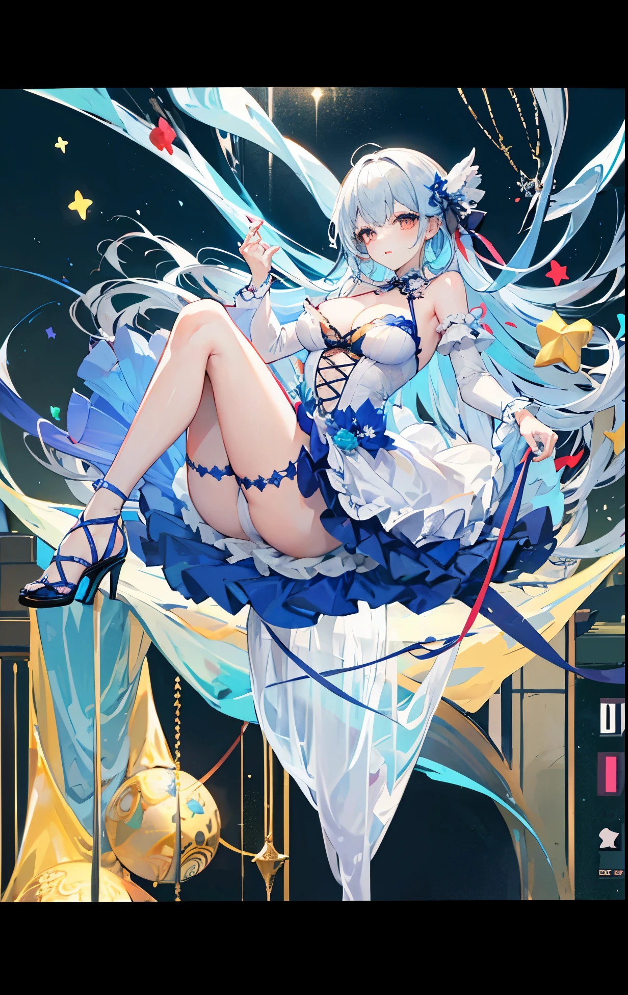 Super beautiful circus clown style sweet girl,Blue and white hazy feeling,Crazy, seductive, alluring,Long legs,Big feeling,White Silk