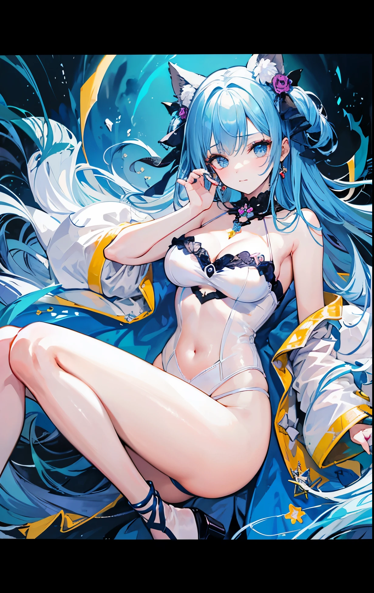 Super beautiful circus clown style sweet girl,Blue and white hazy feeling,Crazy, seductive, alluring,Long legs,Big feeling,White Silk