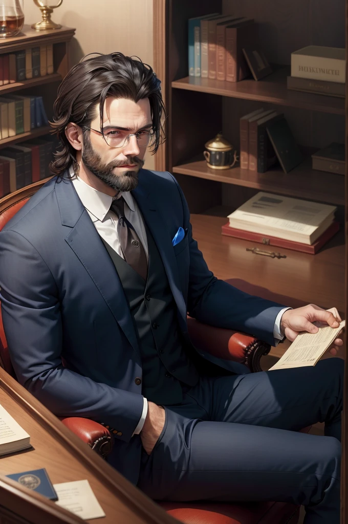 man,with a small beard and blue eyes with dark hair dressed in a suit, sitting in his office in a mansion with a bookshelf behind him and carrying a glass of whiskey.