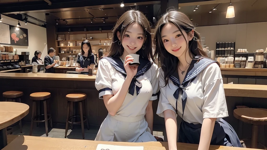 
(((((((Emphasize cleavage)))))))
((((((((A junior high school girl in a sexy white short-sleeved sailor uniform))))))))
(((((((お洒落でcuteInside the Starbucks store)))))))
8K、RAW Photos、Highest quality、Super detailed、Super Resolution、Ultra HD、8K壁紙、Amazing details



(((((((Inside the Starbucks store)))))))、
((((((Sit down and eat cake、Drink Starbucks coffee、smile))))))、((Heart Necklace))




Modern and sleek design：Interior design using natural materials、Many of the designs are warm and made using wood and metal.。
Large windows：自然光をたっぷり取り入れるためのLarge windowsがあり、Providing a bright and open space。
Green Interior：Potted plants are effectively placed、It creates a relaxing atmosphere。
artwork：Works by local artists、Starbucks-related art on display。
Cozy seating：Cushioned chairs and sofas、Bar sheet etc.、A variety of seating options available。
Open kitchen area：Being able to see how drinks and food are made、We provide peace of mind and transparency。
Unique lighting：Antique lamps and chandeliers、Modern lighting fixtures are used。
Comfortable background music：Relaxing music is playing、A comfortable space is provided。
Wide々Table space：一人でもグループでも使いやすいWide々There is a table with。
Community Table：There is a large table where you can socialize with other customers.。
Seasonal decorations：The decorations are themed according to the season.。
Design with a local feel：The design incorporates the local culture and characteristics.。
Fragrance production：コーヒーの香りが店内にWideがり、A space that satisfies the five senses has been created.。
Conversation with a barista：フレンドリーなConversation with a baristaが楽しめるカウンターエリアがあります。




8K、RAW Photos、Highest quality、masterpiece:1.2、Super detailed、Super Resolution、Ultra HD、8K壁紙、Amazing details、Photorealistic:1.4、Having fun by the water、Full Body Shot、Full body photo、High-resolution RAW color photos、Professional photos、A scene full of emotion、Very detailed and beautiful、Ultra HD、8K壁紙、Amazing details、Huge file sizes、Highly detailed beautiful girls、Highly detailed face Highly detailed eyes、Extremely realistic skin、 Highly detailed fingers, Highly detailed nose, Highly detailed mouth, Perfect Anatomy, Highly detailed background, Highly detailed clothing, , cute女の子, Famous Japanese Idols, cute, Realistic body, Slender, White skin, Glowing Skin, Slim body, Realistic Face, Delicate eyes, double eyelid, 



