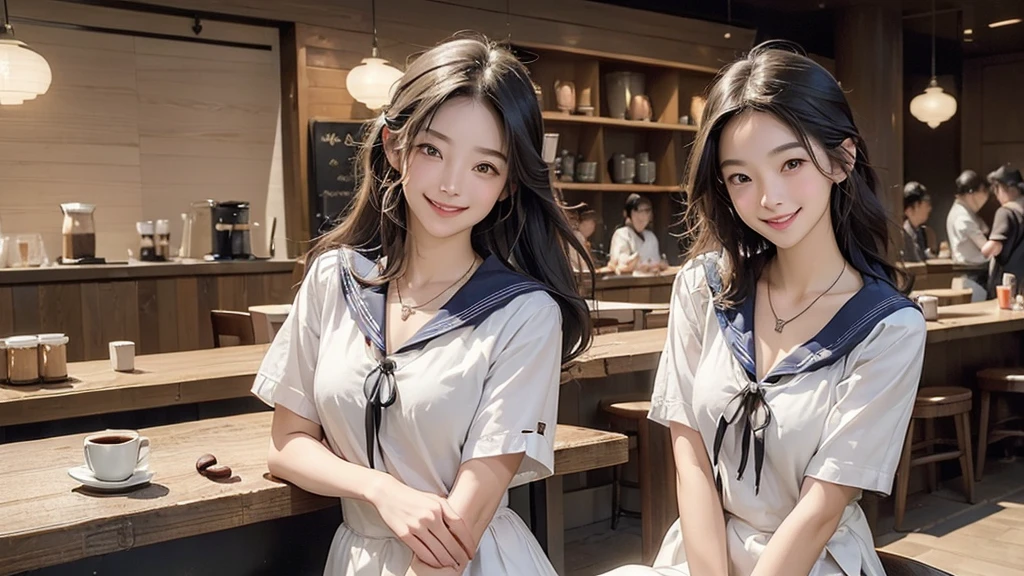 
(((((((Emphasize cleavage)))))))
((((((((A junior high school girl in a sexy white short-sleeved sailor uniform))))))))
(((((((お洒落でcuteInside the Starbucks store)))))))
8K、RAW Photos、Highest quality、Super detailed、Super Resolution、Ultra HD、8K壁紙、Amazing details



(((((((Inside the Starbucks store)))))))、
((((((Sit down and eat cake、Drink Starbucks coffee、smile))))))、((Heart Necklace))




Modern and sleek design：Interior design using natural materials、Many of the designs are warm and made using wood and metal.。
Large windows：自然光をたっぷり取り入れるためのLarge windowsがあり、Providing a bright and open space。
Green Interior：Potted plants are effectively placed、It creates a relaxing atmosphere。
artwork：Works by local artists、Starbucks-related art on display。
Cozy seating：Cushioned chairs and sofas、Bar sheet etc.、A variety of seating options available。
Open kitchen area：Being able to see how drinks and food are made、We provide peace of mind and transparency。
Unique lighting：Antique lamps and chandeliers、Modern lighting fixtures are used。
Comfortable background music：Relaxing music is playing、A comfortable space is provided。
Wide々Table space：一人でもグループでも使いやすいWide々There is a table with。
Community Table：There is a large table where you can socialize with other customers.。
Seasonal decorations：The decorations are themed according to the season.。
Design with a local feel：The design incorporates the local culture and characteristics.。
Fragrance production：コーヒーの香りが店内にWideがり、A space that satisfies the five senses has been created.。
Conversation with a barista：フレンドリーなConversation with a baristaが楽しめるカウンターエリアがあります。




8K、RAW Photos、Highest quality、masterpiece:1.2、Super detailed、Super Resolution、Ultra HD、8K壁紙、Amazing details、Photorealistic:1.4、Having fun by the water、Full Body Shot、Full body photo、High-resolution RAW color photos、Professional photos、A scene full of emotion、Very detailed and beautiful、Ultra HD、8K壁紙、Amazing details、Huge file sizes、Highly detailed beautiful girls、Highly detailed face Highly detailed eyes、Extremely realistic skin、 Highly detailed fingers, Highly detailed nose, Highly detailed mouth, Perfect ???????, Highly detailed background, Highly detailed clothing, Teen, cute女の子, Famous Japanese Idols, cute, Realistic body, Slender, White skin, Glowing Skin, Slim body, Realistic Face, Delicate eyes, double eyelid, 




