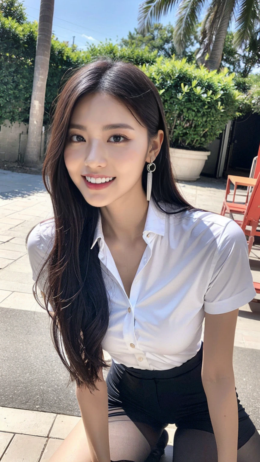 alone, whole body,Earrings, eyelash, pantyhose,, (Beach,(Palm tree),A large number of people,(White shirt), Floral,Red lips),Sexy and provocative smile,, (Shiny skin:1.05),(blush:0.9),(Skin Dentition:1.15),Realistic, Tabletop, Highest quality, High resolution,Absurd, (Perfect Face:1.1),Slender、Small breasts、 (Sharp focus:1.1),, Trending on Art Station, Trending on CGSociety, Complex, Attention to detail, Sharp focus, dramatic,