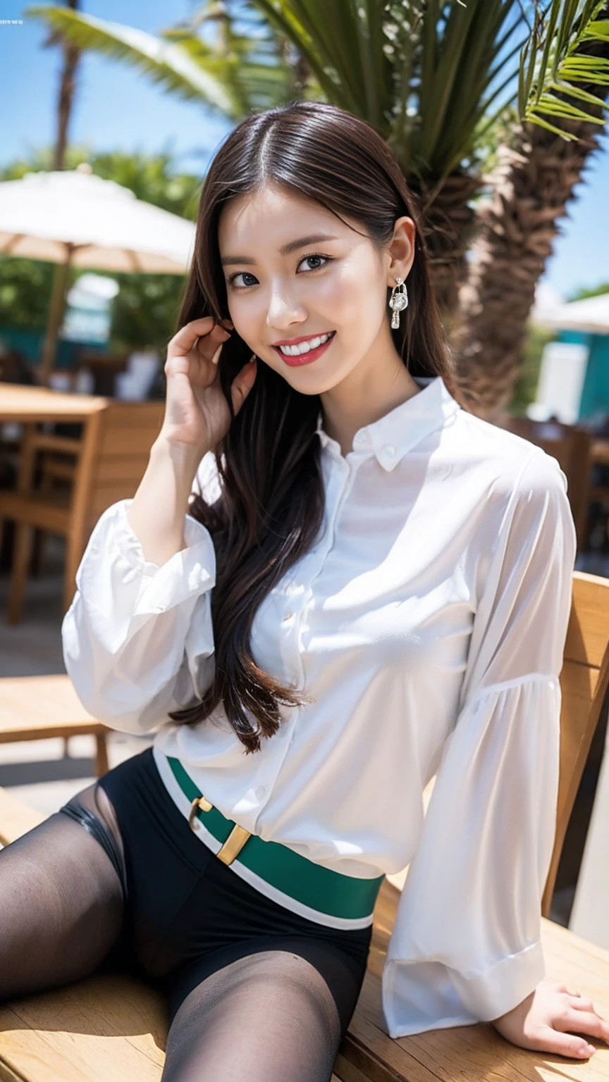 alone, whole body,Earrings, eyelash, pantyhose,, (Beach,(Palm tree),A large number of people,(White shirt), Floral,Red lips),Sexy and provocative smile,, (Shiny skin:1.05),(blush:0.9),(Skin Dentition:1.15),Realistic, Tabletop, Highest quality, High resolution,Absurd, (Perfect Face:1.1),Slender、Small breasts、 (Sharp focus:1.1),, Trending on Art Station, Trending on CGSociety, Complex, Attention to detail, Sharp focus, dramatic,