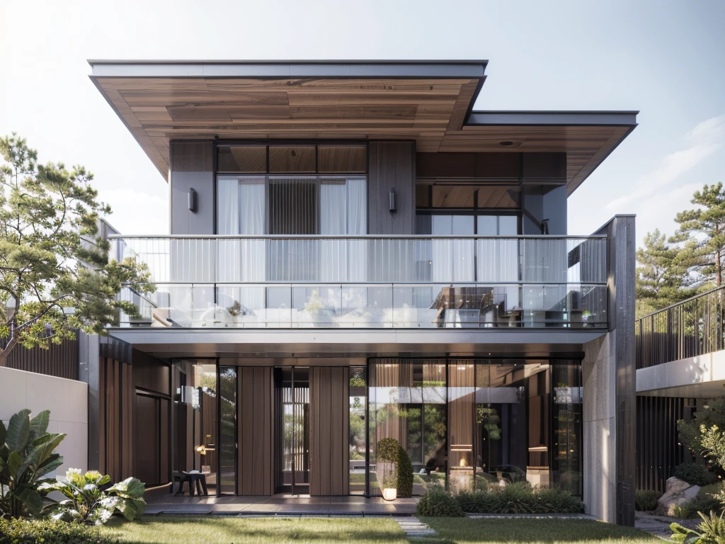 RAW photo, subject, 8k uhd, dslr, soft lighting, high quality, film grain, Photo of a modern villa, modern architecture, simple facade, glass railing, trees, skylight, palm tree, gray stone walling, wooden, (realistic:1.4), (masterpiece:1.4), ceiling wood, (white painted wall:1.3), (daylight:1.4), (sunlight:1.4) yard, grass