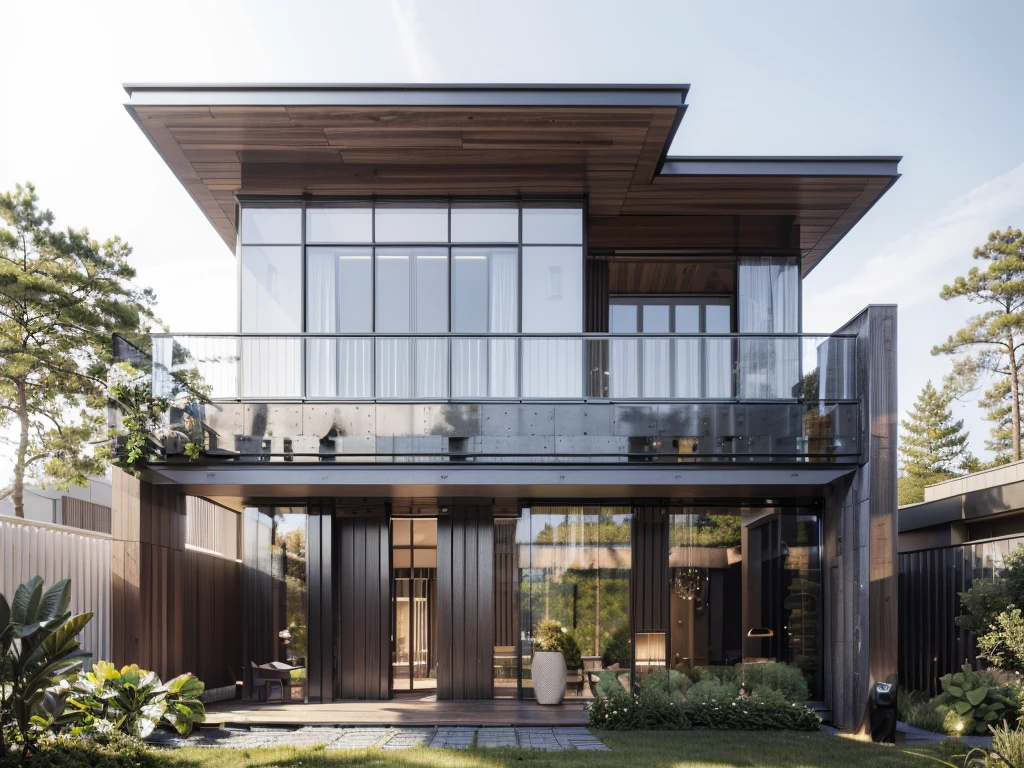 RAW photo, subject, 8k uhd, dslr, soft lighting, high quality, film grain, Photo of a modern villa, modern architecture, simple facade, glass railing, trees, skylight, palm tree, gray stone walling,  wooden, (realistic:1.4), (masterpiece:1.4), ceiling wood, (white painted wall:1.3), (daylight:1.4), (sunlight:1.4) yard, grass